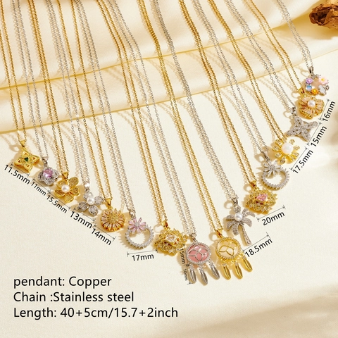 Flower Dreamcatcher Palm Tree Pendant Necklace Stainless Steel Chain Copper Cubic Zirconia Artificial Pearl Jewelry For Women