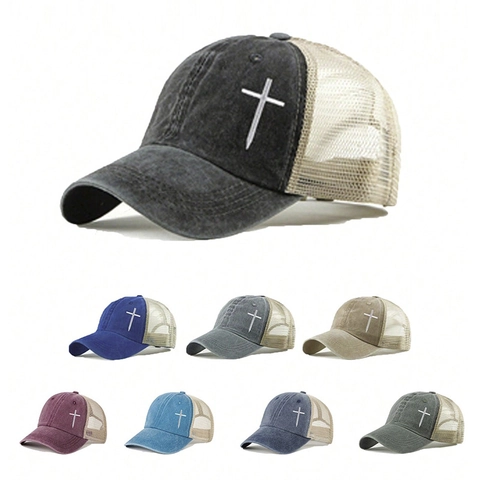 Baseball Kappe Gewaschene Baumwolle Polyester Netz Besticktes Kreuz Trucker Hut Verstellbar Sonnenschutz Lässig