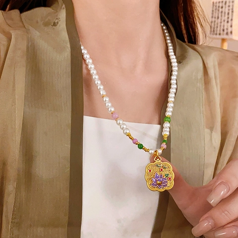Collana Di Perline Stile Cinese Vintage Imitazione Perla Artificial Lega Smalto Loto Ventaglio Pendente Gioielli Per Donna