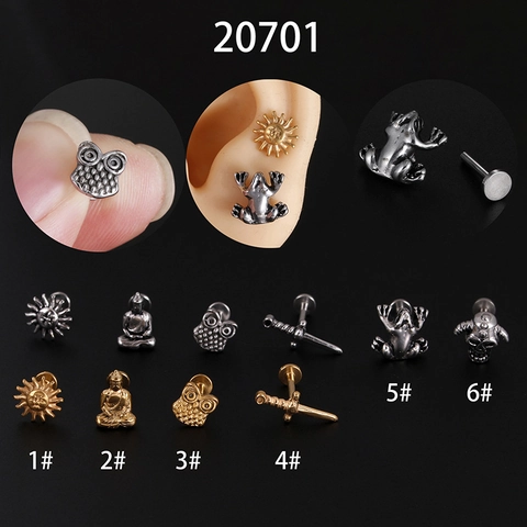 Stainless Steel Labret Lip Stud Cartilage Earring Flat Back Frog Owl Sun Buddha Sword Skull Punk Piercing Jewelry