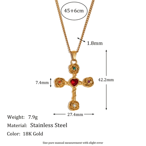 Kreuz Rose Herz Halskette Ohrringe Ring 18K Vergoldet Edelstahl Bunter Strass Retro Kreativer Damenschmuck