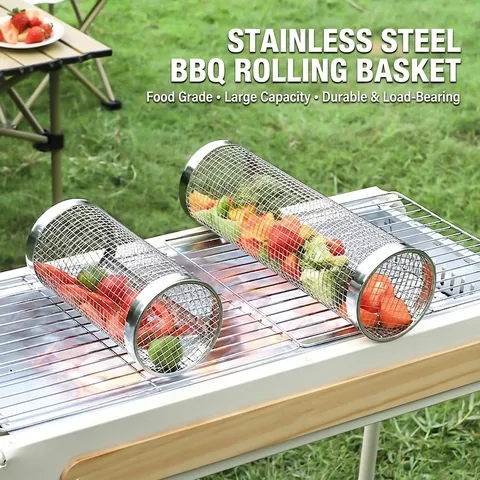 Stainless Steel Rolling Grill Basket Cylindrical Mesh Round Outdoor BBQ Picnic Camping Portable Cooking Tool