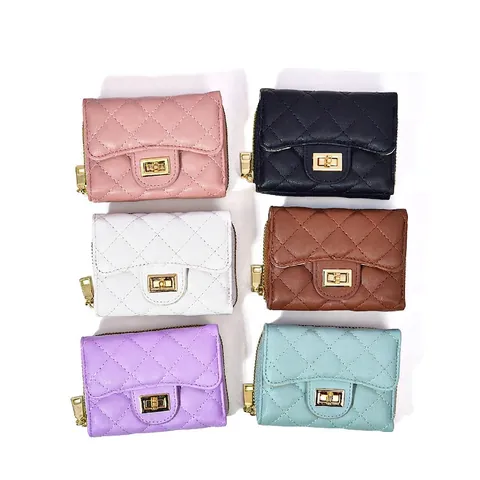 Petit Portefeuille Femme Cuir PU Matelassé Motif Losange Fermoir Tourniquet Zippé Porte-Cartes Style Élégant