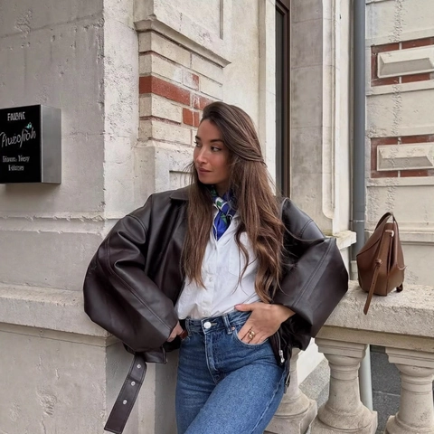 Γυναικείο Τζάκετ Από Συνθετικό Δέρμα PU Oversized Ρετρό Streetwear Γιακάς Φερμουάρ Με Ζώνη