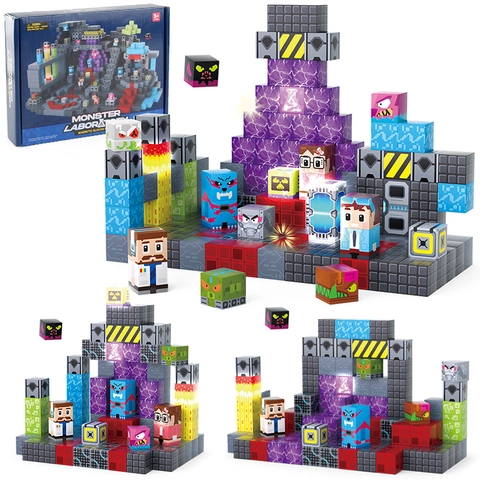 Magnetic Building Blocks ABS Plastic LED Glowing Monster Laboratory Pixel Style Educational DIY Construction Toys For Kids