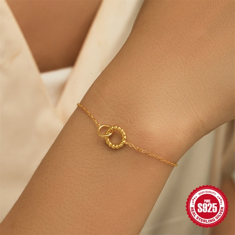 Bracelet Minimaliste en Argent Sterling S925 Avec Doubles Cercles Entrelacés pour Femmes Chaîne à Maillons Plaquée Or 18K