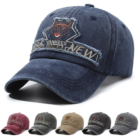 Gorra De Béisbol Vintage Algodón Lavado Parche De Lobo Bordado Sombrero Retro Ajustable Protección Solar Exterior Unisex