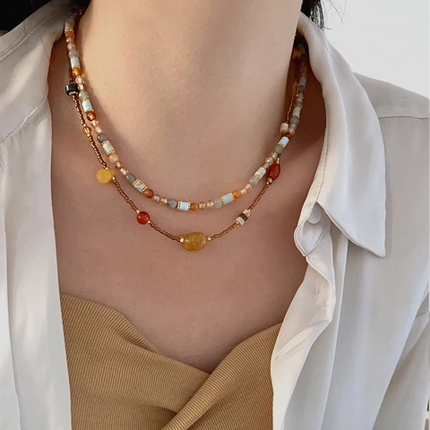 Handmade Beaded Necklace Natural Stone Agate Tiger Eye Artificial Pearl Metal Bohemian Vintage Style Jewelry For Women