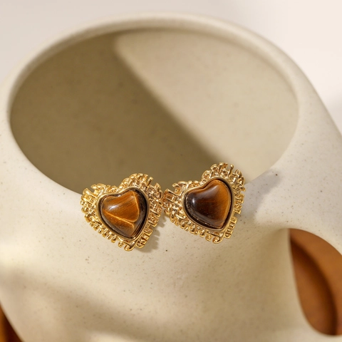 Vintage Heart Tiger Eye Stone Stud Earrings Stainless Steel 18K Gold Plated Radiant Texture Retro Jewelry For Women