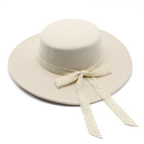 Cappello Paglietta Elegante In Lana Corona Piatta Tesa Larga Stile Francese Vintage Con Fiocco In Nastro Di Pizzo
