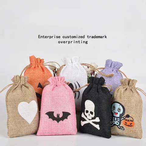 Halloween Burlap Drawstring Bags Linen Fabric Candy Gift Pouches Pumpkin Bat Ghost Pattern For Holiday Party Decor