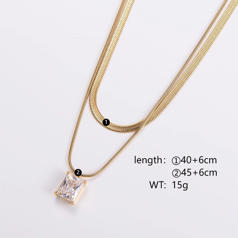 Double Layer Necklace 18K Gold Plated Stainless Steel Rectangular Zircon Pendant Flat Snake Bone Chain Vintage Minimalist Jewelry