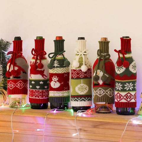 Christmas Wine Bottle Cover Knitted Acrylic Festive Table Decor Reindeer Snowman Patterns Party Dining Atmosphere Pom Pom