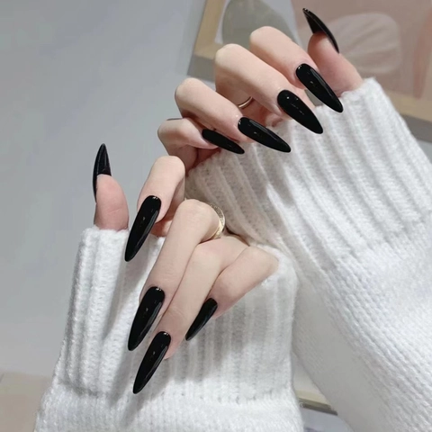 Glossy Black Long Stiletto Press On Nails Pointed Solid Color Artificial False Nail Tips For Women DIY Manicure