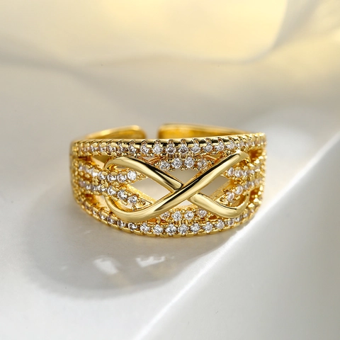 Anelli Aperti Regolabili Geometrici Da Donna In Rame Placcato Oro Con Zirconi Intarsiati Gioielli Eleganti