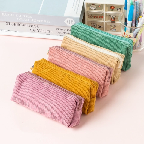 Retro Corduroy Pencil Case Solid Color Large Capacity Stationery Bag For School Office Minimalist Students Organizer
