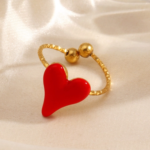 Bague Ouverte Cœur Rouge Acier Inoxydable Plaqué Or Émail Goutte Huile Ajustable Minimaliste Bijoux Mode Pour Femmes