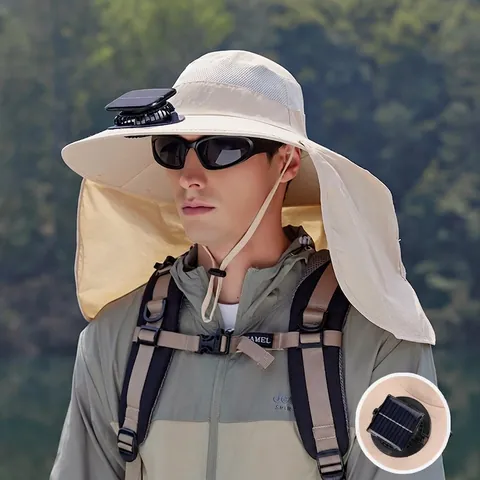 Outdoor Sun Hat With Solar Powered Fan Wide Brim Neck Flap Breathable Nylon Waterproof UV Protection For Fishing Hiking