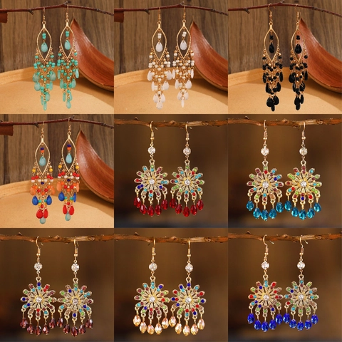 Orecchini Pendenti Vintage Bohémien a Fiore Multicolore Con Strass e Nappine a Goccia d'Acqua Gioielli Etnici da Donna Regalo