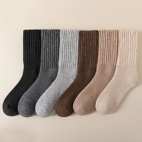 Mens Crew Socks Wool Blend Thickened Terry Thermal Warm Winter Outdoor Solid Color Ribbed Casual