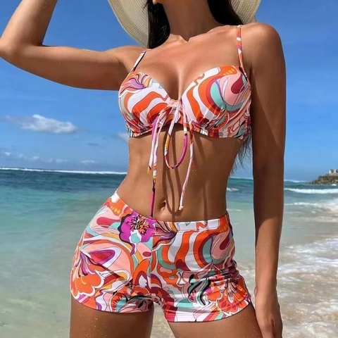 Women Swimsuit Top And Bottom Floral Print Underwire Padded High Waisted Boyshorts Polyester Spandex Beach Bathing Suit