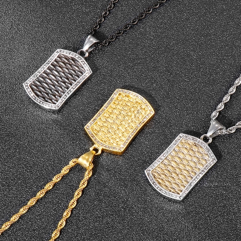 Collar Con Colgante Hip Hop Hombre Acero Inoxidable Iced Out Circón Rectangular Dog Tag Textura Tejida Joyería
