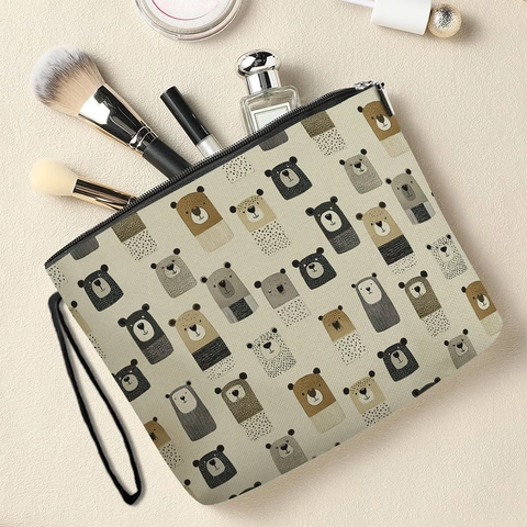 Cartoon Bär Druck Make-up Tasche Imitation Leinen Tragbare Kosmetiktasche Mit Reißverschluss Und Handschlaufe Organisator