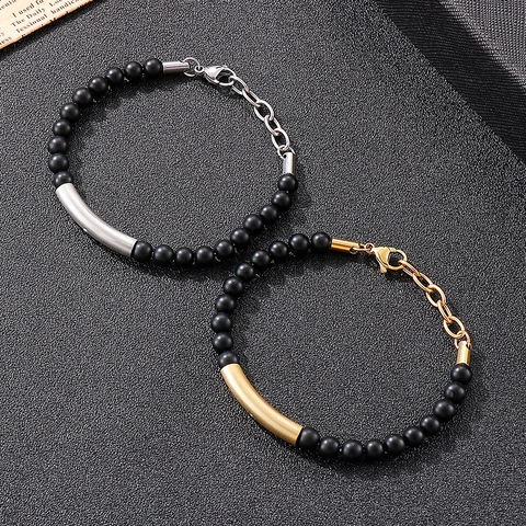 Bracelet Perles Onyx Noir Avec Tube Courbé En Acier Inoxydable Et Strass Bijoux Punk Minimalistes Ajustables Unisexe