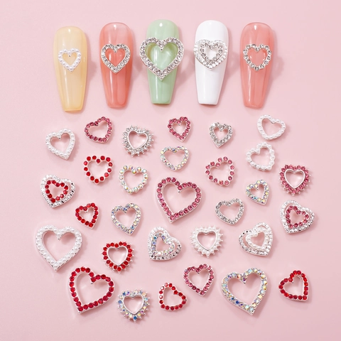 Heart Shaped Nail Art Charms Alloy Rhinestone Artificial Pearl Hollow Design For DIY Manicure Shiny Colorful Decoration