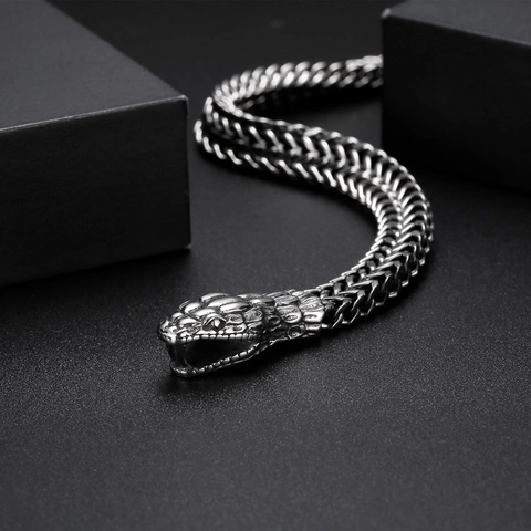 Pulsera Hombre Retro Acero Inoxidable Doble Cabeza De Serpiente Punk Heavy Metal Cadena Tejida Joyería Biker Animal