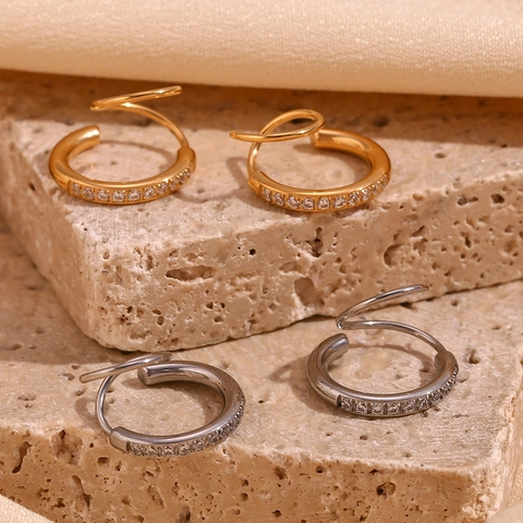 Fashion Stainless Steel Spiral Hoop Earrings For Women 18K Gold Plated Rhinestone Inlaid Geometric Niche Design Jewelry