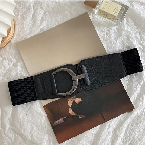 Ceinture Élastique Large Vintage Pour Femmes Serre-Taille En Cuir PU Avec Boucle Métallique Ronde Gravée Rétro Accessoire De Mode
