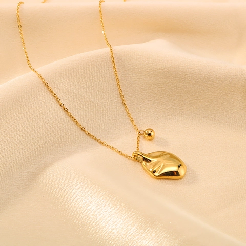 Irregular Wrinkled Leaf Pendant Necklace 18K Gold Plated Stainless Steel With Small Bead Charm Elegant Jewelry Women