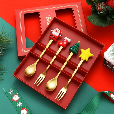 Natale Cucchiaio Forchetta Acciaio Inossidabile Posate Dolce Frutta Cucchiaino Bambola Cartone Animato Ornamento Festa Regalo