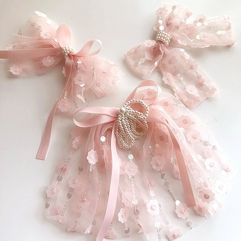 Pinzas Para El Pelo Niñas Lazo Rosa Encaje Malla Perla Artificial Bordado Floral Cinta Larga Accesorios Cabello Para Niñas