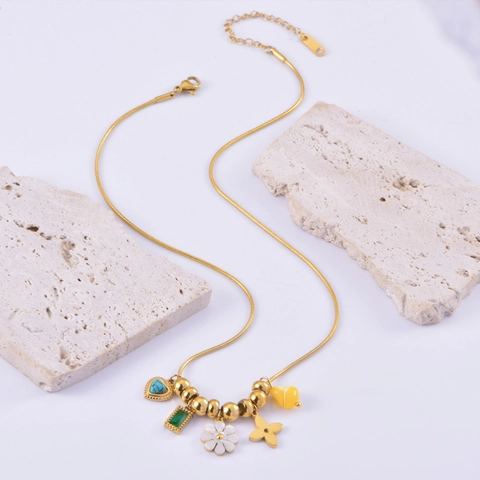 Collana Elegante in Acciaio al Titanio con Ciondolo Ape Fiore Perla Artificiale Turchese Catena a Serpente Donna