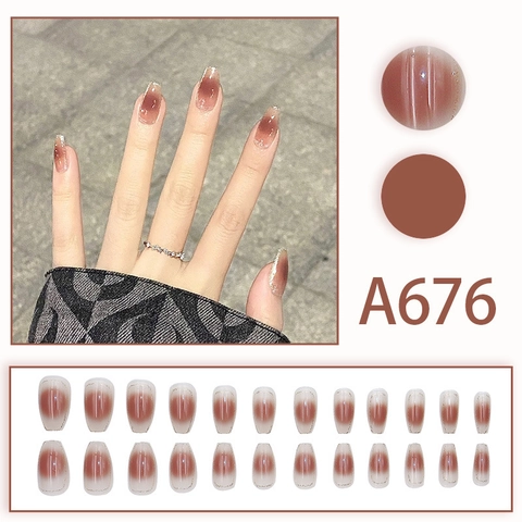 Reddish Brown Cat Eye Gradient Press On Nails Shimmer Silver Glitter Coffin False Nails Long Lasting Elegant Wearable Art