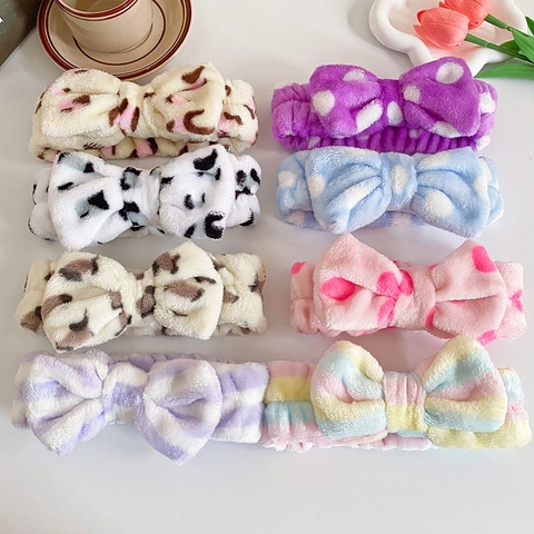 Soft Flannel Bow Tie Headband For Face Washing Makeup Skincare Elastic Coral Fleece Spa Hair Band For Women Girls