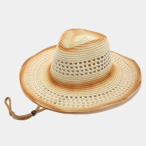Western Cowboy Strohhut Durchbrochene Breite Krempe Atmungsaktiv Sonnenschutz Vintage Ethnischen Stil Outdoor
