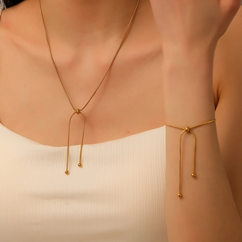 Collar Y Pulsera De Cadena De Serpiente Ajustable Acero De Titanio Chapado En Oro De 18K Joyería De Borla Deslizante En Y