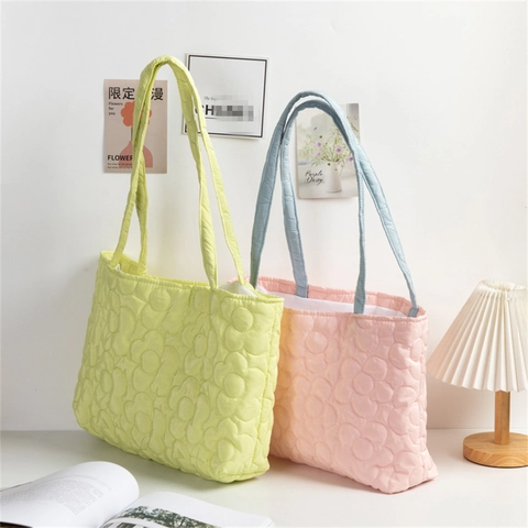 Women Casual Large Capacity Tote Bag Autumn Winter Fashion Quilted Floral Shoulder Shopping Bag