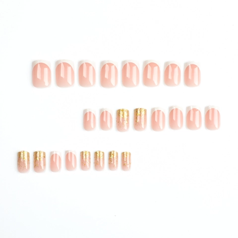 French White Tip Press On Nails Gold Glitter Gradient Nude Pink Long Square Fake Nails Elegant Artificial Manicure Women