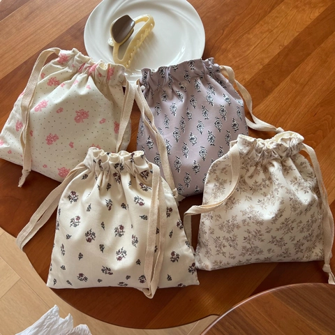 Floral Print Drawstring Pouch Small Cotton Canvas Storage Bag For Cosmetics Phone Stationery Pastoral Style Portable