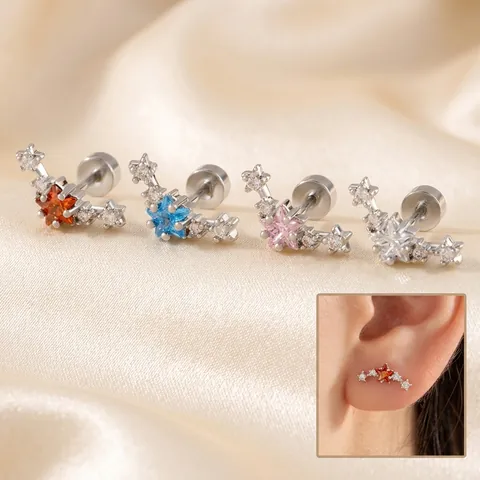 Star Zircon Ear Cartilage Stud Earrings Titanium Steel Curved Arch Screw Back Piercing Sweet Style Jewelry For Women
