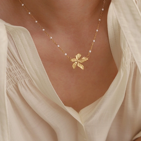 Flower Petal Pendant Necklace Titanium Steel 18K Gold Plated With White Drip Oil Beads Vacation Style For Women