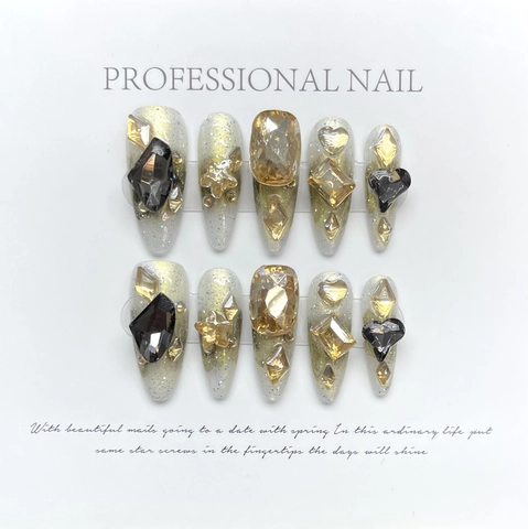 Handgemaakte Press On Nagels Lange Stiletto Vorm Glitter Gradiënt Met Rijnstenen Luxe Franse Stijl Voor Dames
