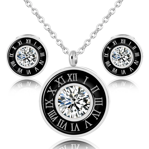 Roman Numeral Jewelry Necklace And Stud Earrings Titanium Steel 18K Gold Plated Cubic Zirconia Black Enamel Luxury For Women
