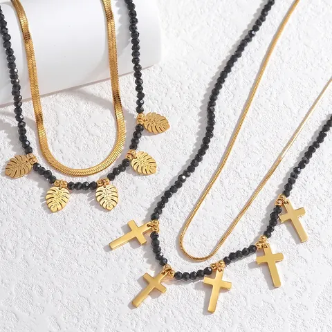 Layered Pendant Necklace Stainless Steel Black Beads Gold Snake Chain Vintage Leaf Cross Jewelry Women