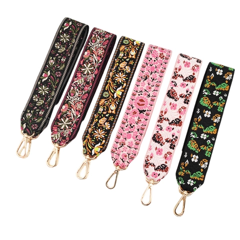 Ethnic Floral Embroidered Bag Strap Wide Polyester Cotton Replacement Shoulder Strap For Crossbody Handbags With Metal Clasps