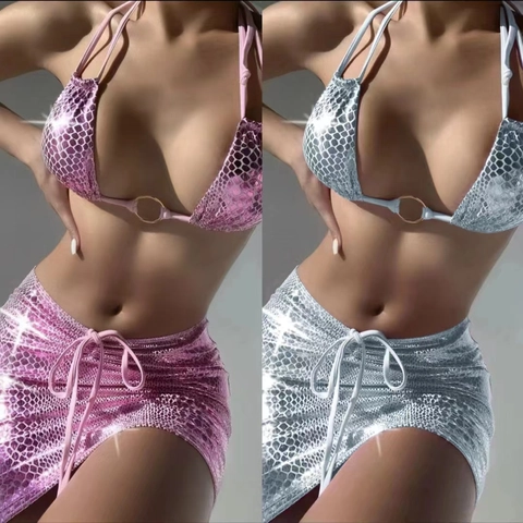 Metallic Snakeskin Print Halter Bikini Top And Bottom With Drawstring Mini Skirt Sexy Glossy Beach Swimsuit Women